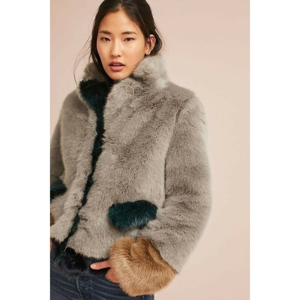 New Anthropologie Multitonal Faux Fur Coat Small